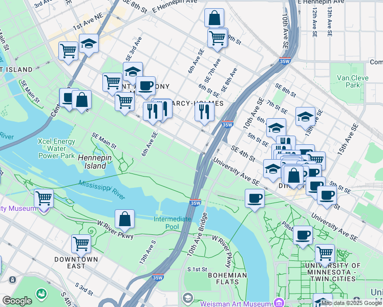 map of restaurants, bars, coffee shops, grocery stores, and more near 807 2nd Street Southeast in Minneapolis