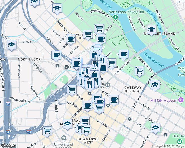 map of restaurants, bars, coffee shops, grocery stores, and more near 120 North 4th Street in Minneapolis