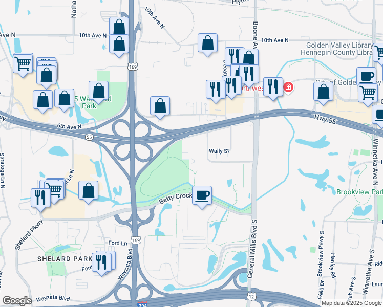 map of restaurants, bars, coffee shops, grocery stores, and more near 9143 Olson Memorial Highway in Golden Valley
