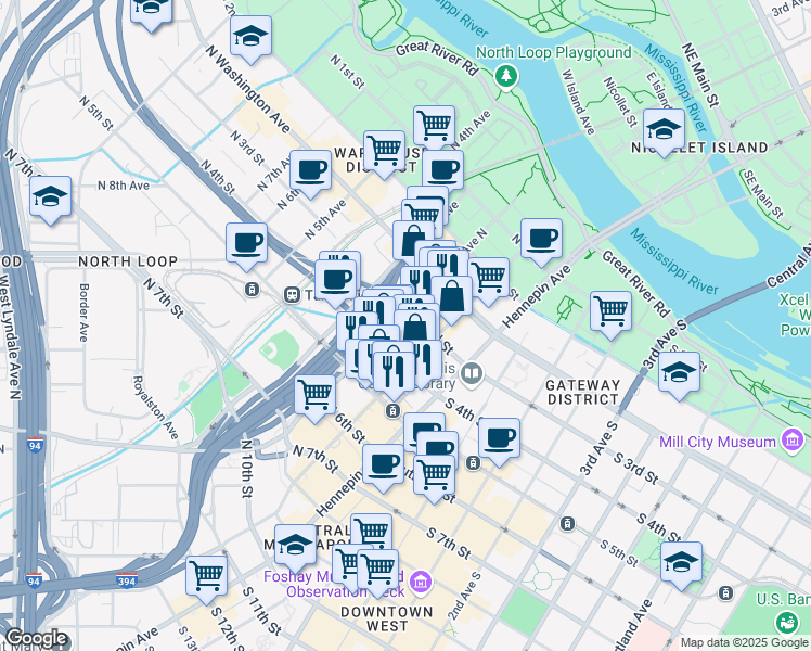 map of restaurants, bars, coffee shops, grocery stores, and more near 123 North 3rd Street in Minneapolis