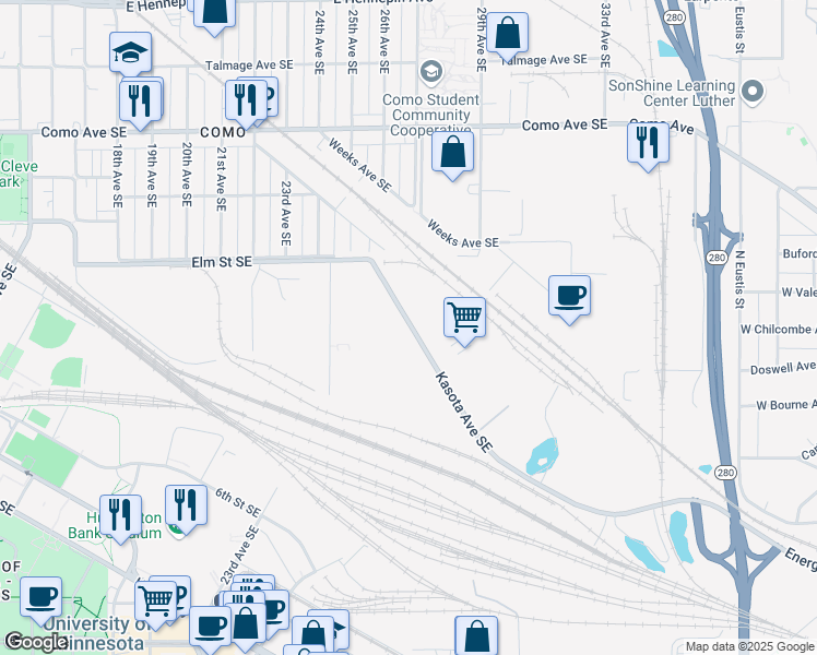 map of restaurants, bars, coffee shops, grocery stores, and more near 729 Kasota Avenue Southeast in Minneapolis
