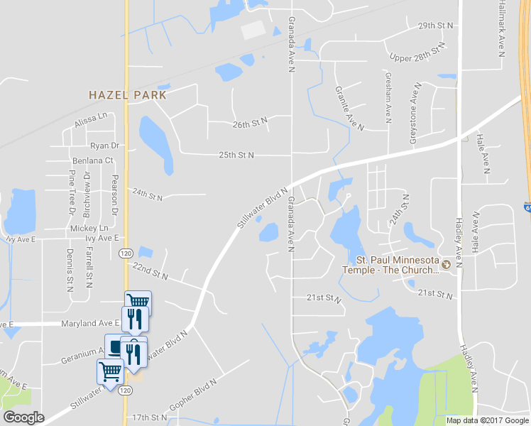 map of restaurants, bars, coffee shops, grocery stores, and more near 6439 Stillwater Boulevard North in Oakdale