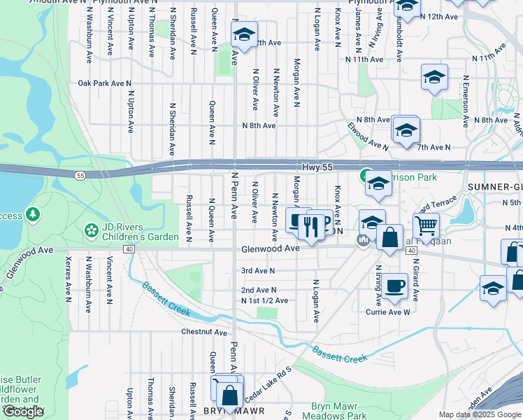 map of restaurants, bars, coffee shops, grocery stores, and more near 415 North Newton Avenue in Minneapolis