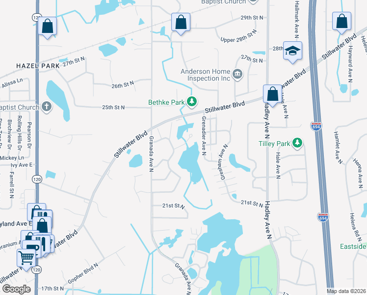 map of restaurants, bars, coffee shops, grocery stores, and more near 2299 Grange Avenue North in Oakdale