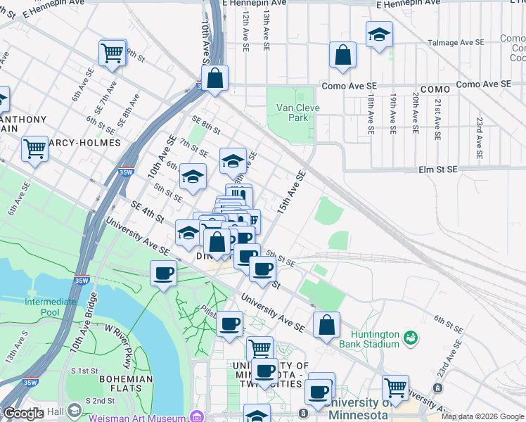 map of restaurants, bars, coffee shops, grocery stores, and more near 1408 6th Street Southeast in Minneapolis