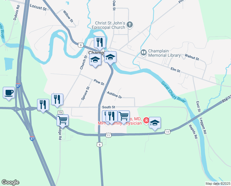 map of restaurants, bars, coffee shops, grocery stores, and more near 3 Patricia Ln in Champlain