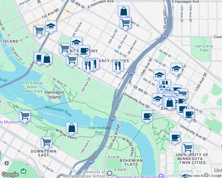 map of restaurants, bars, coffee shops, grocery stores, and more near 800 University Avenue Southeast in Minneapolis
