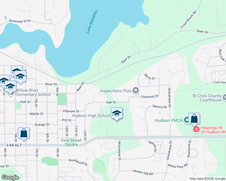 map of restaurants, bars, coffee shops, grocery stores, and more near 1403 Oak Street in Hudson