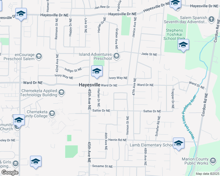 map of restaurants, bars, coffee shops, grocery stores, and more near 4261 Vernon Loop Northeast in Salem