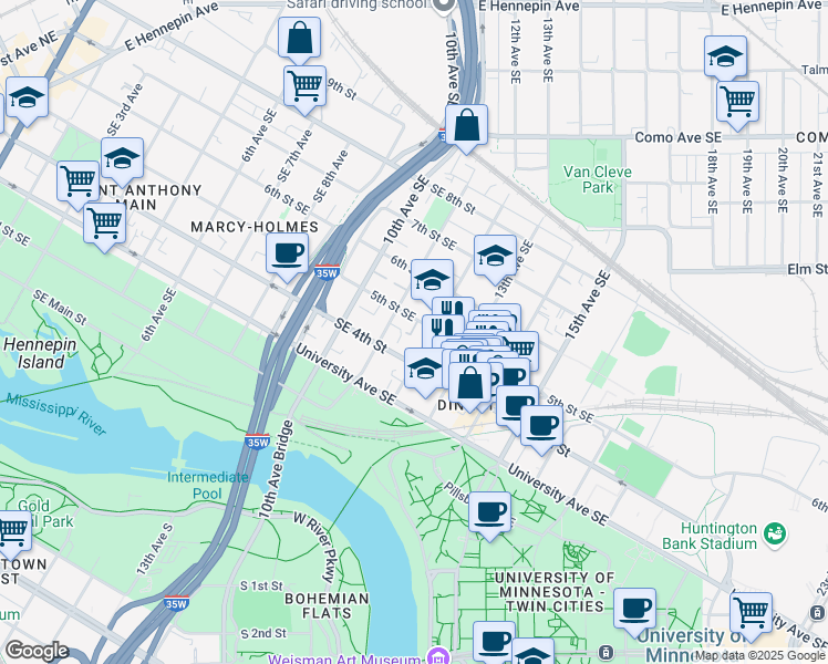 map of restaurants, bars, coffee shops, grocery stores, and more near 409 12th Avenue Southeast in Minneapolis