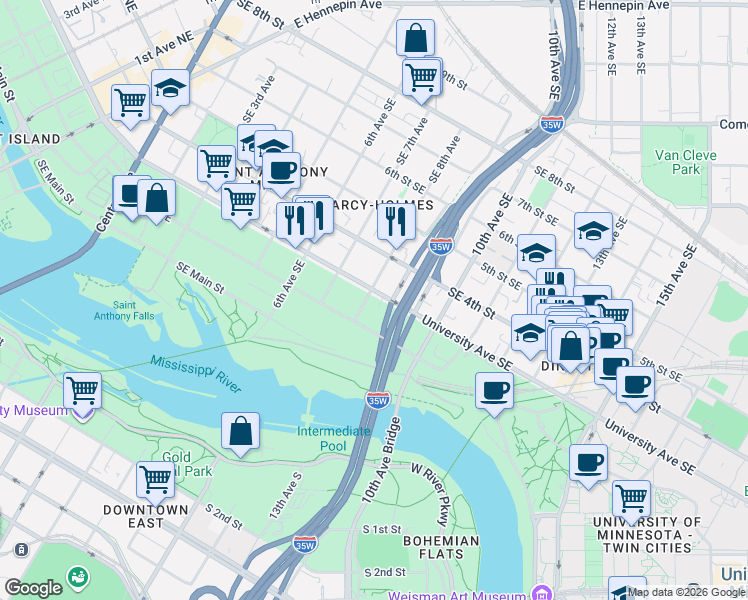 map of restaurants, bars, coffee shops, grocery stores, and more near 208 Southeast 8th Avenue in Minneapolis