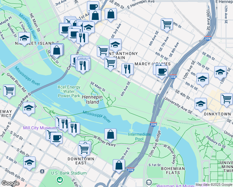 map of restaurants, bars, coffee shops, grocery stores, and more near 100 6th Avenue Southeast in Minneapolis