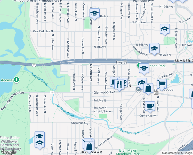 map of restaurants, bars, coffee shops, grocery stores, and more near 411 North Oliver Avenue in Minneapolis