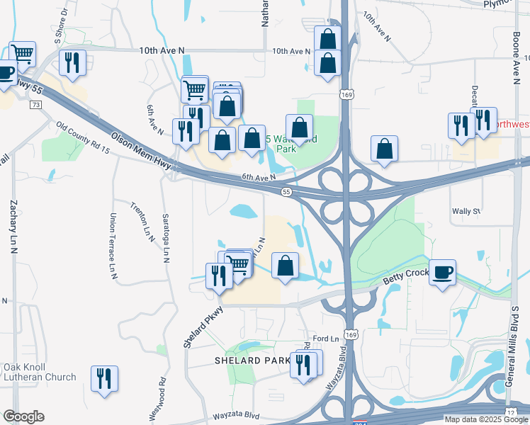 map of restaurants, bars, coffee shops, grocery stores, and more near 9855 Olson Memorial Highway in Plymouth