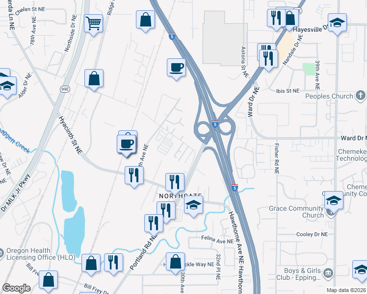 map of restaurants, bars, coffee shops, grocery stores, and more near 2808 Claxter Road Northeast in Salem