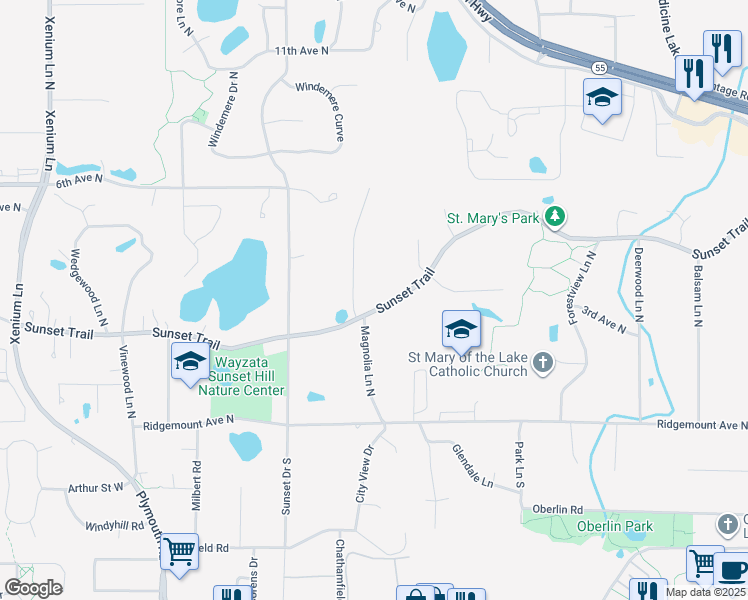 map of restaurants, bars, coffee shops, grocery stores, and more near 12311 Sunset Trail in Minneapolis