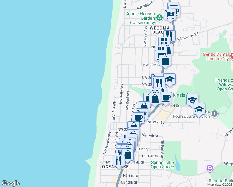 map of restaurants, bars, coffee shops, grocery stores, and more near 2216 Northwest Inlet Avenue in Lincoln City