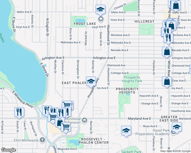 map of restaurants, bars, coffee shops, grocery stores, and more near 1360 Barclay Street in Saint Paul
