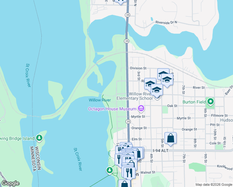 map of restaurants, bars, coffee shops, grocery stores, and more near 1112 1st Street in Hudson