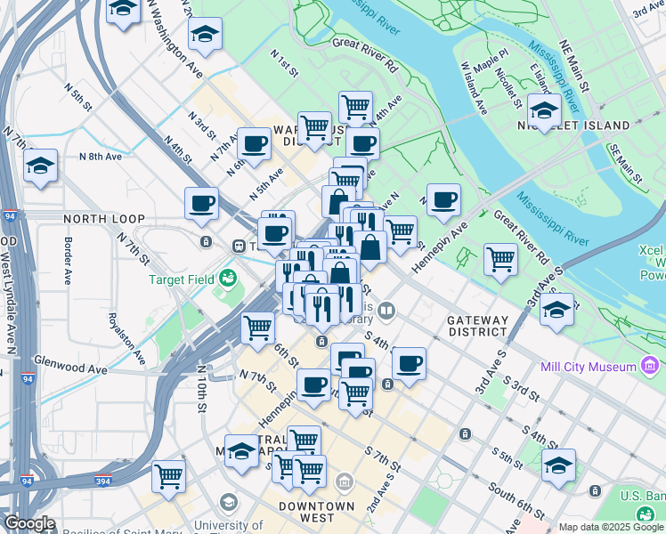 map of restaurants, bars, coffee shops, grocery stores, and more near 123 North 3rd Street in Minneapolis