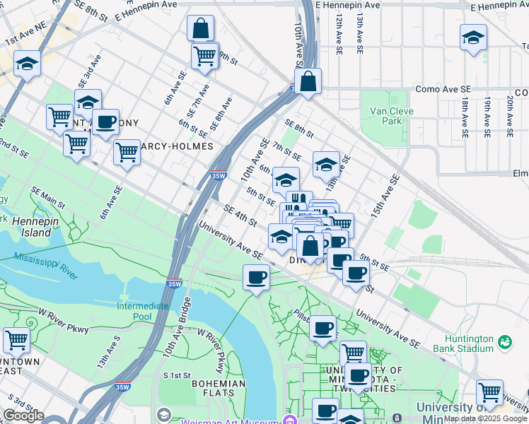 map of restaurants, bars, coffee shops, grocery stores, and more near 409 12th Avenue Southeast in Minneapolis