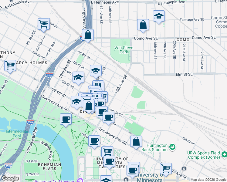 map of restaurants, bars, coffee shops, grocery stores, and more near 600 15th Avenue Southeast in Minneapolis