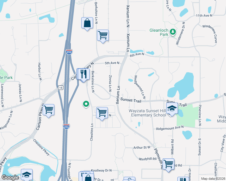 map of restaurants, bars, coffee shops, grocery stores, and more near 13616 Sunset Trail in Minneapolis