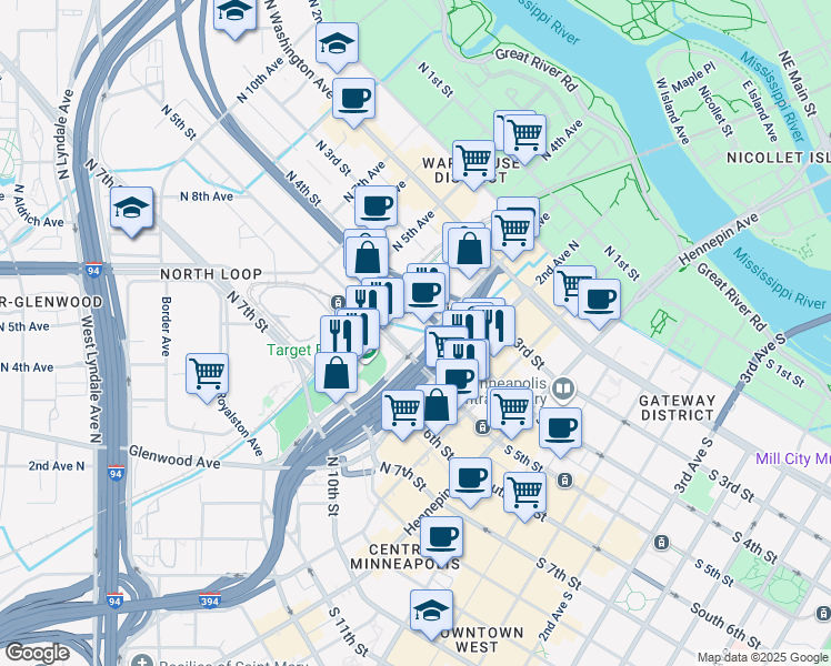 map of restaurants, bars, coffee shops, grocery stores, and more near 424 North 3rd Avenue in Minneapolis