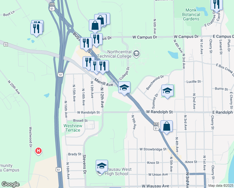 map of restaurants, bars, coffee shops, grocery stores, and more near 1508 Merrill Avenue in Wausau