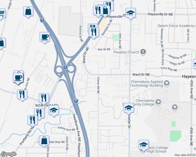 map of restaurants, bars, coffee shops, grocery stores, and more near 3552 Ward Drive Northeast in Salem