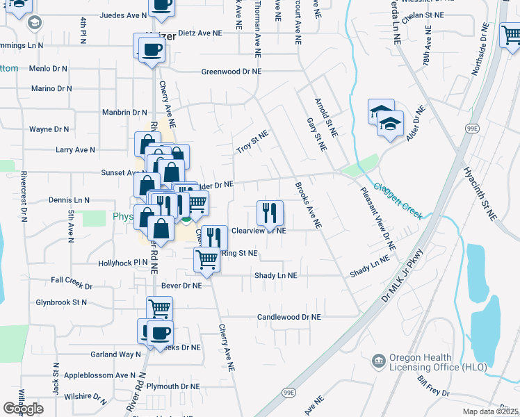 map of restaurants, bars, coffee shops, grocery stores, and more near 1225 Clearview Avenue Northeast in Keizer