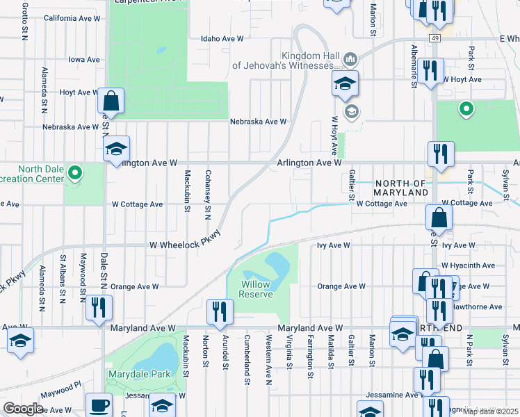 map of restaurants, bars, coffee shops, grocery stores, and more near 390 Cottage Avenue in Saint Paul