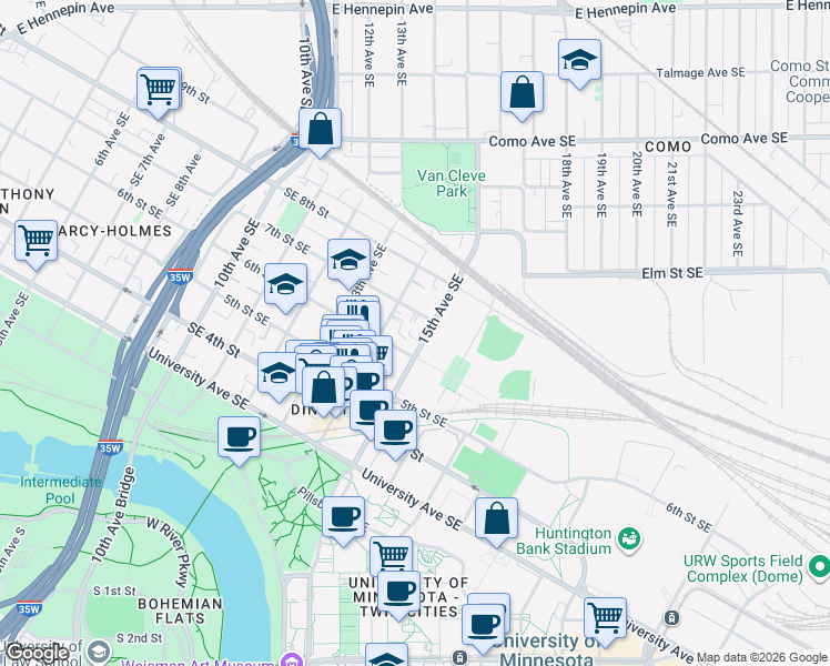 map of restaurants, bars, coffee shops, grocery stores, and more near 600 15th Avenue Southeast in Minneapolis