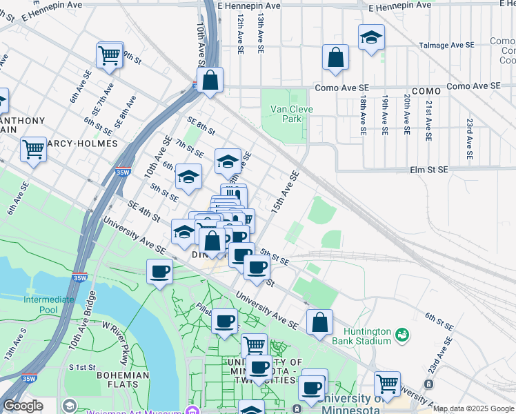 map of restaurants, bars, coffee shops, grocery stores, and more near 1408 6th Street Southeast in Minneapolis