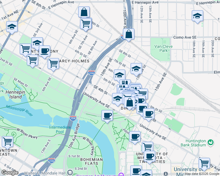 map of restaurants, bars, coffee shops, grocery stores, and more near 409 12th Avenue Southeast in Minneapolis