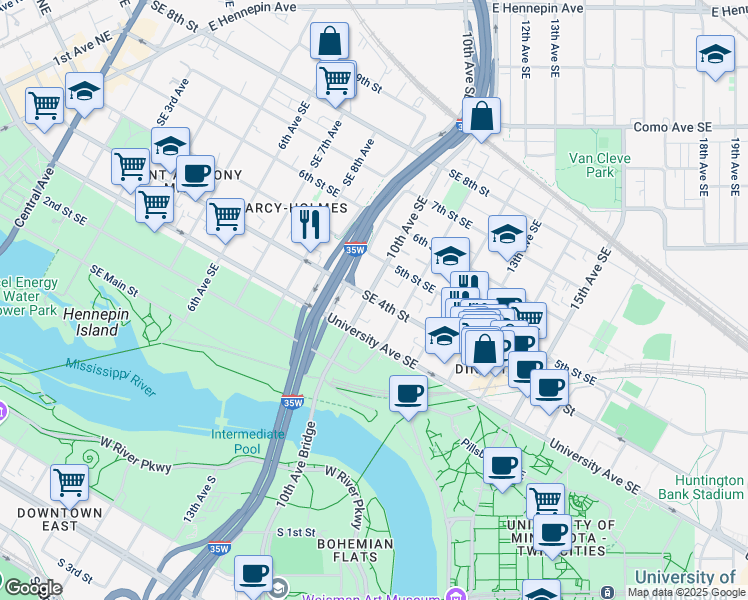 map of restaurants, bars, coffee shops, grocery stores, and more near 314 10th Avenue Southeast in Minneapolis