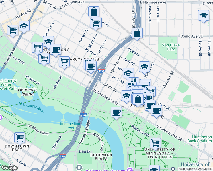map of restaurants, bars, coffee shops, grocery stores, and more near 314 10th Avenue Southeast in Minneapolis