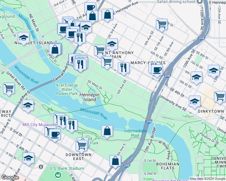 map of restaurants, bars, coffee shops, grocery stores, and more near 100 6th Avenue Southeast in Minneapolis