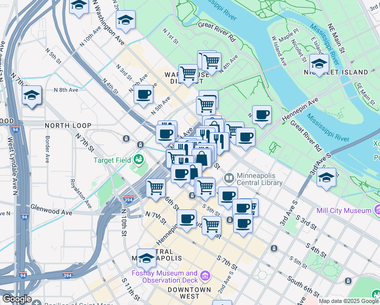 map of restaurants, bars, coffee shops, grocery stores, and more near 120 North 4th Street in Minneapolis