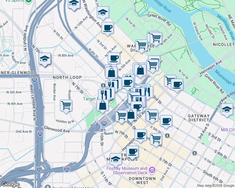 map of restaurants, bars, coffee shops, grocery stores, and more near 424 North 3rd Avenue in Minneapolis