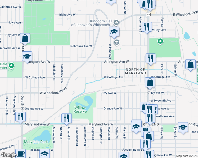 map of restaurants, bars, coffee shops, grocery stores, and more near 330 West Cottage Avenue in Saint Paul