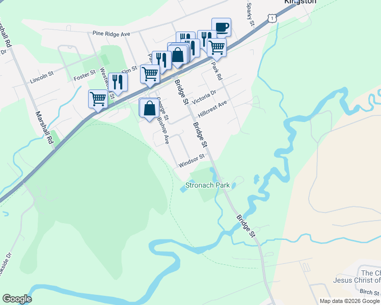 map of restaurants, bars, coffee shops, grocery stores, and more near 540 Windsor Street in Kingston