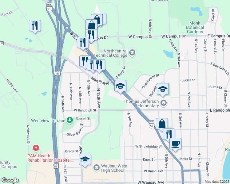 map of restaurants, bars, coffee shops, grocery stores, and more near 1508 Merrill Avenue in Wausau
