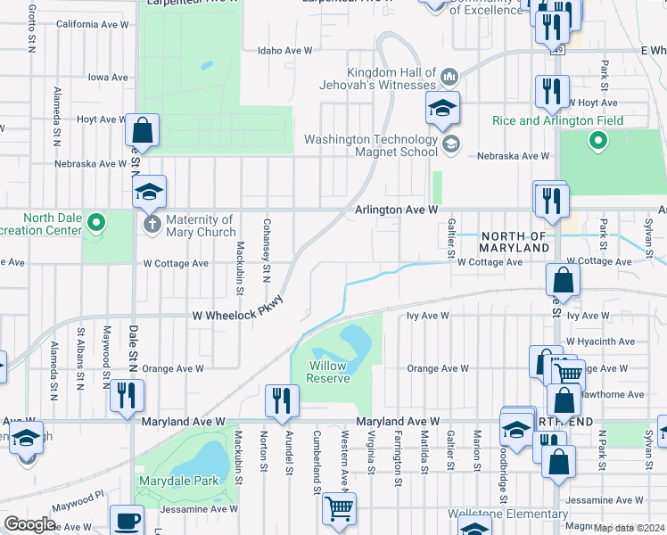 map of restaurants, bars, coffee shops, grocery stores, and more near 390 West Cottage Avenue in Saint Paul