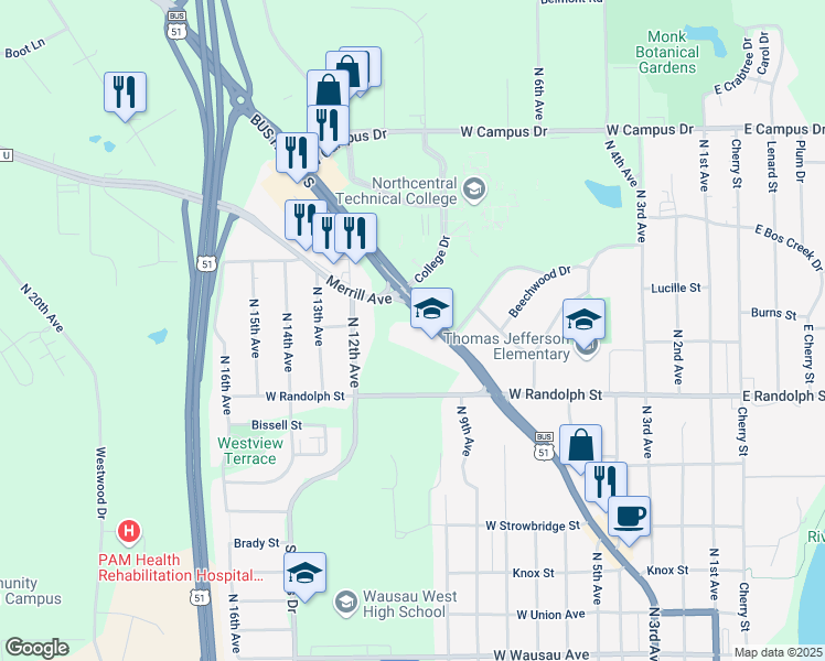 map of restaurants, bars, coffee shops, grocery stores, and more near 1508 Merrill Avenue in Wausau