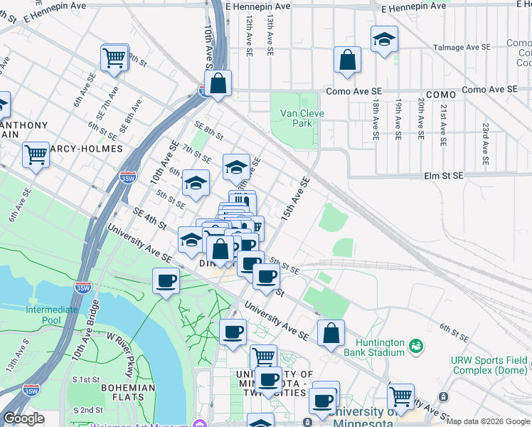map of restaurants, bars, coffee shops, grocery stores, and more near 1401 6th Street Southeast in Minneapolis