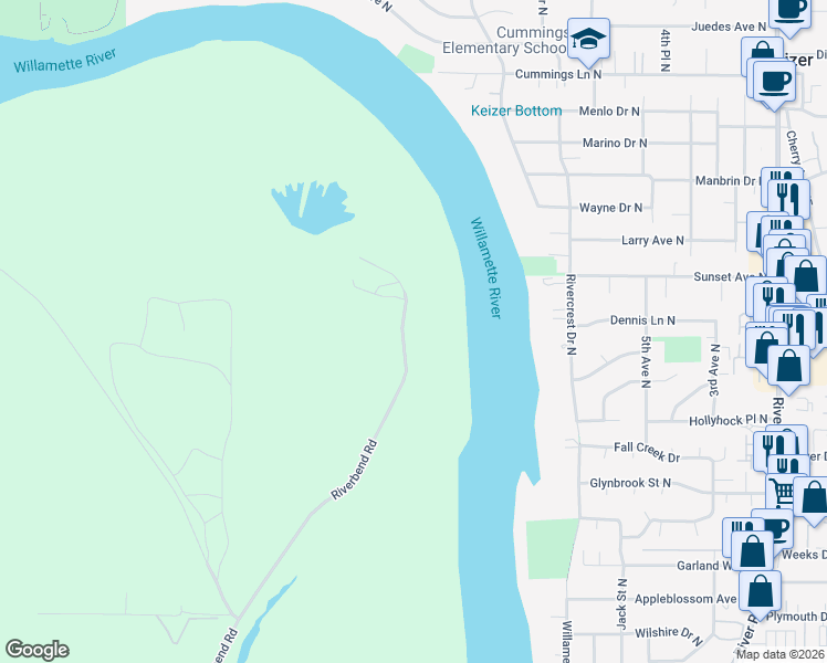 map of restaurants, bars, coffee shops, grocery stores, and more near 3095 Riverbend Road in Salem