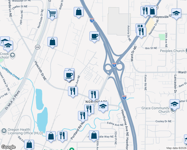 map of restaurants, bars, coffee shops, grocery stores, and more near 2780-2818 Claxter Court Northeast in Salem