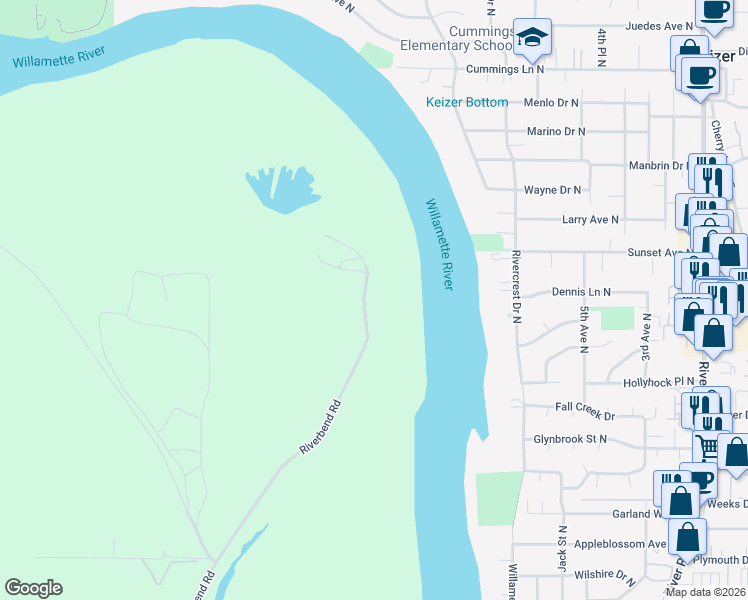 map of restaurants, bars, coffee shops, grocery stores, and more near 3095 Riverbend Road in Salem