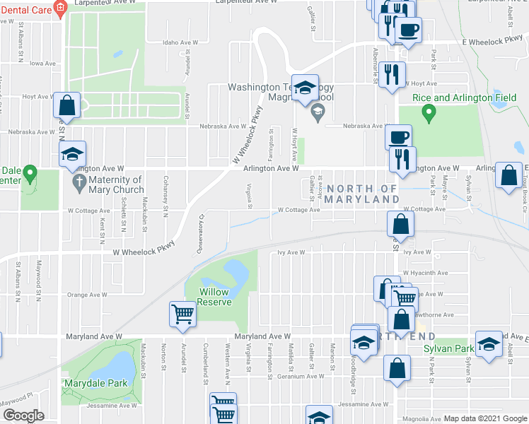 map of restaurants, bars, coffee shops, grocery stores, and more near 1355 Farrington Street in Saint Paul